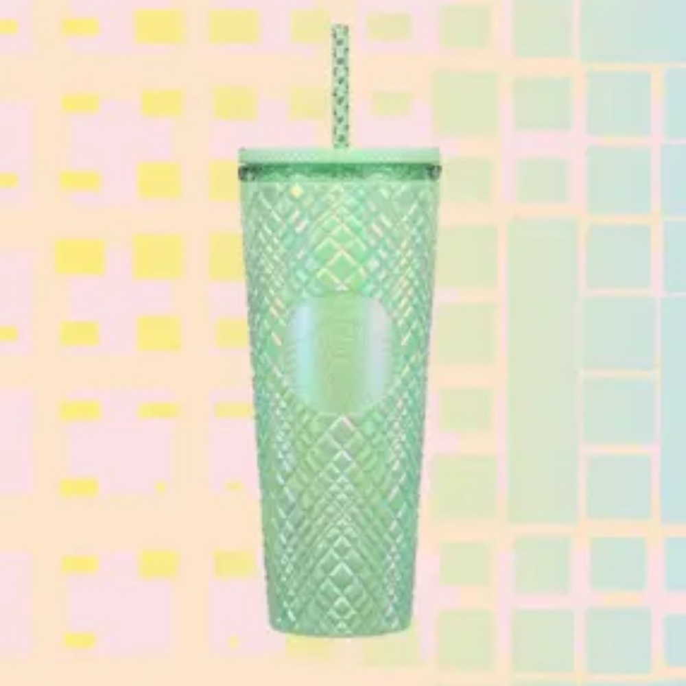 STARBUCKS Light Green Jeweled Cold Cup w/Lid Straw NWT Discontinued HTF 24oz